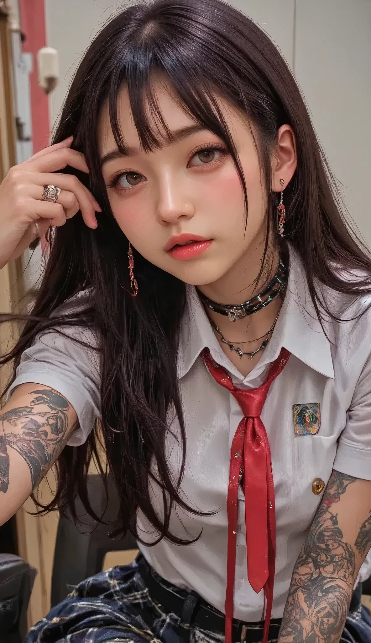 ((real mix、 ultra high definition image 、Top Quality、masterpiece))、((Wear a Japanese girls' high school、white thin fabric short sleeve blouse、red ribbon tie、check mini skirt))､((Beautiful Japanese  girl、long hair dyed pink、pretty face、二重eyelidの大きな目、アヒルのlips、厚いlips))、((slender figures、Round and beautiful breasts、constricted waist、long legs、Long arms))、(((Realistically accurate depictions with all detailed details、(lots of earrings、nose、ear、lips、eyelid:2.0)、Mr.々Accessories、( Beautiful Tattoo 、bold tattoo:2.0)、))、(((He holds Japanese canned beer in his left hand、Draw canned beer realistically and accurately、I'm picking a cigarette with my right hand and smoking、Real cigarette smoke、喫煙するMr.子をリアルに正確に描く、Bad attitude、Sit at the desk、Smoking with feet on a desk - smoking、smoke - smoke:2.2)))､((((Beautiful high school girl smoking cigarettes, drinking canned beer, and relaxing、Draw smoky cigarettes realistically and accurately))))