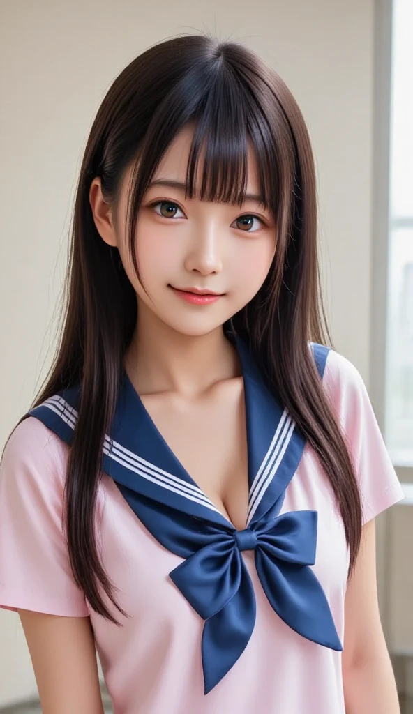(Highest quality,masterpiece:1.3,Ultra-high resolution),(Very detailedな、Caustics) (Photorealistic:1.4, RAW shooting、)Ultra-Realistic Capture、Very detailed、Natural skin texture、masterpiece、(Sailor suit:1.3)、1 Japanese girl、Adorable expression、Expressions of Happiness、14 years old、Young Face、Amazingly cute、Twin tails、Curly Hair、Black Hair、Scrunchie、Heavy makeup、A big bust that seems to burst、Bare arms、This photo was taken in a private room at a sex shop.、Get on all fours on the bed with your legs apart、Shining thighs、smile、An inviting gaze、Cowboy Shot、Sexy pose、Shooting from behind、Hip close-up、