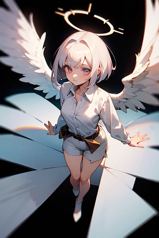 (masterpiece, best quality)), (1girl), (solo), (female focus), (ahoge, white-grey hair, long hair), black eyes, light smile, open mouth, ((white shirt), (buttoned shirt), (button gap)), ((black skirt), (short skirt)), standing, white background, arms behind back, fallen dynamic angle ,black blood in body,large broken Angel wings,standing in front, Best Angel wings. wings from the back,lewd view