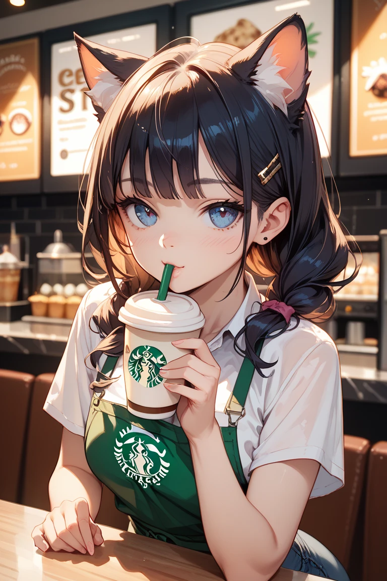 (((embarrassed,blush:1.3), ,(steam:0.8),(Wet:0.8),(Sweat:0.8),(trembling:1.3) ,(Parted lips:1.3),(half-open eyes:1.4),(Feeling weak:1.5)))、(Beautiful nipple、Looking at the camera、Feeling Inserted、small tits、Stick out the tongue、spasming、Gentle smile,wince,:1.3),awaiting tongue,(Starbucks Coffee Uniform、full bodyesbian、bending forward、Working at Starbucks Coffee:1.5)、Pretty Girl VN02, 1girl in, Solo, masutepiece, 1girl in, best qualtiy, Ultra Detail, (shiny), Small, (milky skin:1.2),blush, In lace stockings, bow ribbon, yellow_Eyes, A dark-haired、 NSFW,(((Beautiful and small breasts)))、Japan's cutest 18-year-old beautiful girl