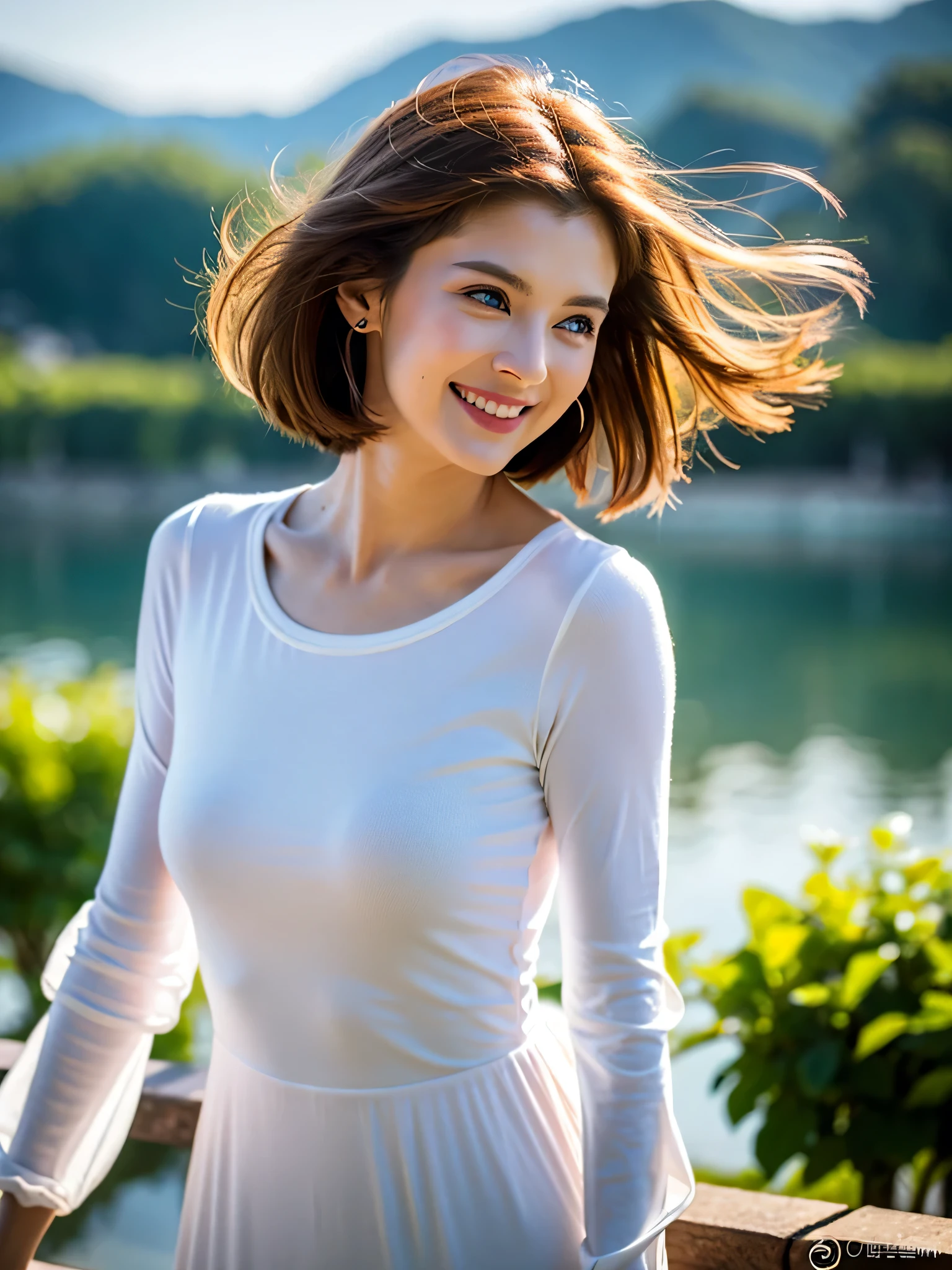 (((A beautiful woman standing in a windy park:1.3))),(Hair blowing in the strong wind:1.3),(Shirt fluttering in the strong wind:1.3),(Skirt fluttering in strong wind:1.3),(Hands holding down the flipped up skirt:1.3),Off the shoulder,White shirt,Looking at the audience,whole body,From above,look up,Beautiful Hands,(Reddish brown wet shiny short messy hair),Blushing cheeks,Pointed red mouth,Big Breasts,Accentuate your breasts,Perfect body curves,Beautiful clavicle,((Expressing happiness through facial expressions:1.3))),Nice face,
Detailed clothing features,Detailed hair features,Detailed facial features,Looking at the camera,,(Dynamic and sexy pose),Cinematic Light,(Highest quality,Written boundary depth,Intricate details,The contrast of light and shadow makes the subject appear three-dimensional,) ,Digital single-lens reflex camera, (Photorealistic),(Picture Mode Ultra HD,)