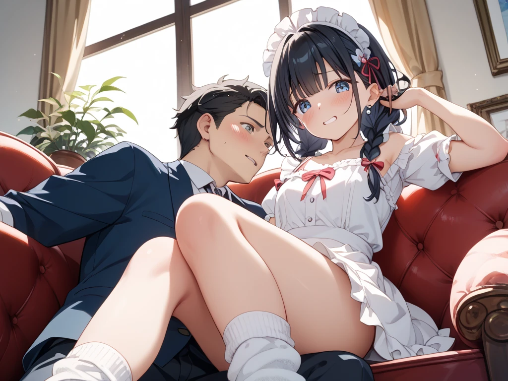 shinkai makoto, kimi no na wa., 1girl, 1boy, bangs, black hair, blush, (boy wear Suspender Clothes), ((girl wear maid dress, short dress, short skirt, maid headdress), bow, ribbon, short hair, cute, love, couple, adorable, Off-the-shoulders, dating, (((kiss, deep kiss, tongue, saliva))), closed eyes, passionate hug, Background with (a room、sofa), sitting on the sofa, deep in the night, Darker