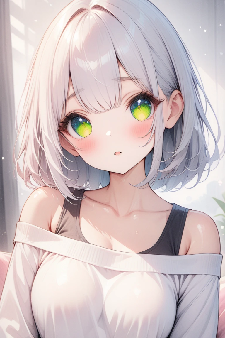 cute and hot anime girl with medium sized breast, has green eyes, black hair on the left and white hair on the right