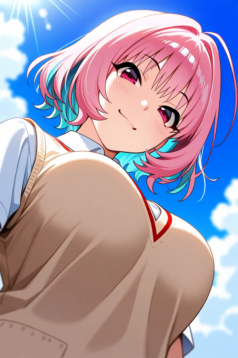 
smile, short red hair and light waves, white collared shirt under a beige vest, Natural Fibers, shadows cast around the perimeter {x} I can't see accessories, Looking Down at Viewers,  gentle gaze , smooth skin with natural anime shading, outdoor setting with blue skies and clouds, bright sunlight from the upper left creates strong highlights and contrasting shadows, vibrant, sunny vibe, low angle shot,  focuses on the subject 、depth of field with slightly blurred background,On a date,Dream Riamu,Boyfriend's perspective, Vivid and Balanced Exposure