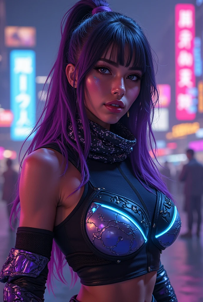 1girll, Cyberpunk Style, neonlight (red:0.9) The letter endikull made of broken glass on Cyberpunk Street, Beautiful, Cyberpunk girl standing on the street, Cute cyberpunk girl, Beautiful eyes, 4K eyes, Beautiful face, full bodyesbian, Large breasts, Long (purple:0.8) Hair, Normal eyes, high resolution, elegant, Artistic, Creative, Detailed, 8K, Expressive, intricately details, Masterpiece
