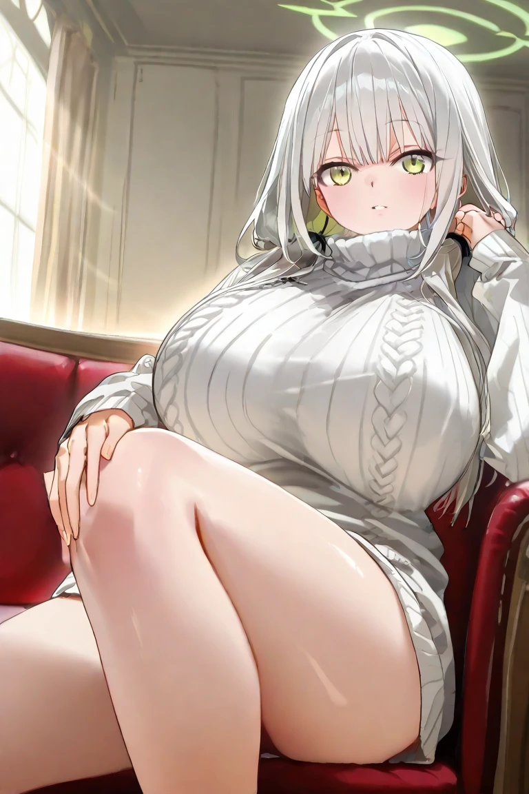 huge breasts, huge ass, big thighs, small waist, white hair, luscious messy hair, tall(adult), oversized hoodie, shoulder showing, perky nipples, middle length skirt, blushing, w sitting pose,