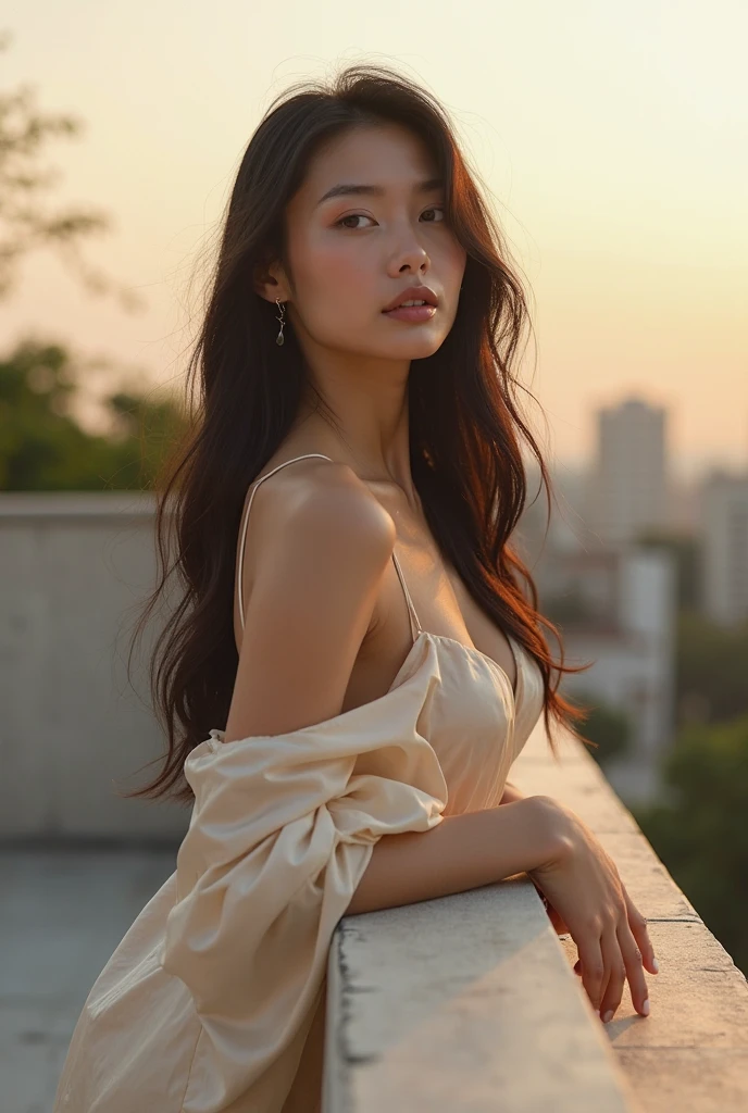 realistic, ((midnight, best quality, 8 thousand, masterpiece :1.3)), whole body, sharp focus :1.2, pretty girl with perfect body :1.4, 23 year old woman, slim abs :1.1, ((dark brown hair, very large breasts :1.2)), ((No Braza)), (white tight dress, shorts shorts, standing:1.2), ((Paris city view with Eiffel Tower, rooftop:1.3)), Highly detailed face and skin texture, detailed eyes, double eyelid, laugh, happy expression, earring, pendant, sunset, become dark, backlight, off shoulder,Looking straight at the camera, woman who wants to have sex,