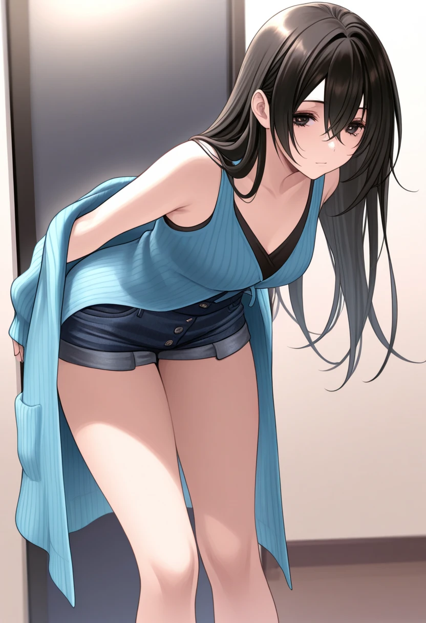 (In the living room)、1girl, (Younger sister kicking)、from the front、Angle from below、(Young face)、(Forehead)、Braid、Long Hair、((seductive grin)), ((high kicking)), 
panties, I have money in my hand、Camisole、Jersey shorts、(1boy), (((penis))), (((eject cum))), The boy collapses under his younger sister and ejaculates from his penis、(The boy had a fight with the younger sister and lost to her.)、In the background, my mother is in the kitchen.、younger sister「Weak... Aniki who lost to younger sister and got a hard dick lol... Pervert masochist lol」