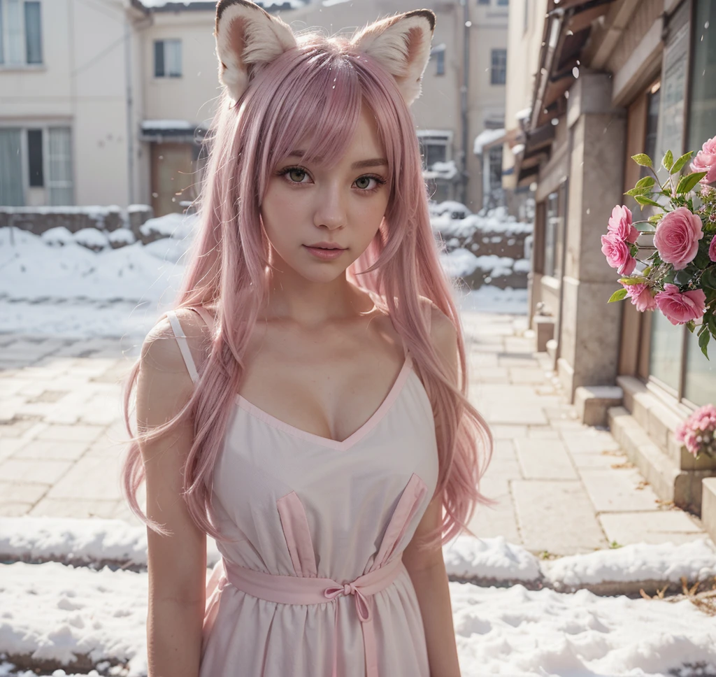 1 girl, alone, cute girl with pink hair, pink eyes, wisteria flower background, soft natural light, Cat ear, Sleeveless white shirt, off shoulder, Beautiful breasts peek out from the emphasized cleavage, 