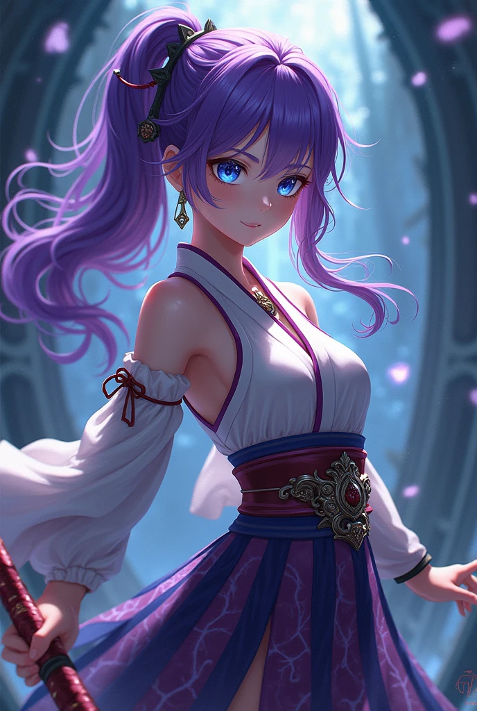 Teen girl, twintail, crop top, belly, violet hair, chinese clothes violet and white color, ziyan battle through the heavens