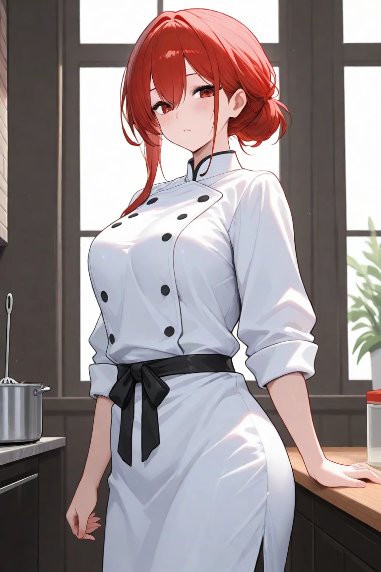 Girl, chef, red hair, yellow eyes, chefs hat, chefs clothes, big breasts, exposed belly,