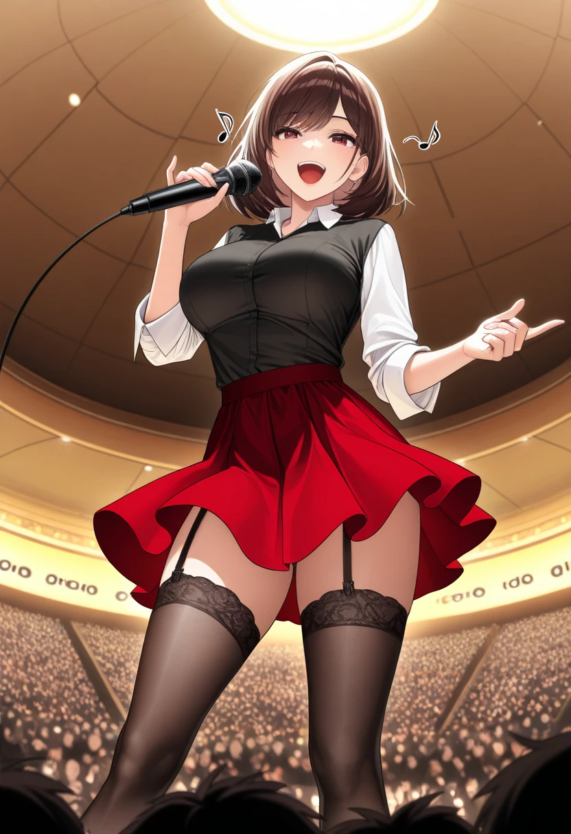 One Woman、Idol、Idolの服装、AKB's clothing、Live Performance Venues、Large crowd、beautiful girl, Highest quality, smile, panties、Thick thighs、Big 、Big Ass、Black Hair、Sweaty body、Angle from directly below、Sweaty crotch、Intense dancing、dance、Microphone in one hand、A vibrator in one hand、Orgasmic face、Face of ecstasy、Love juice、Trembling