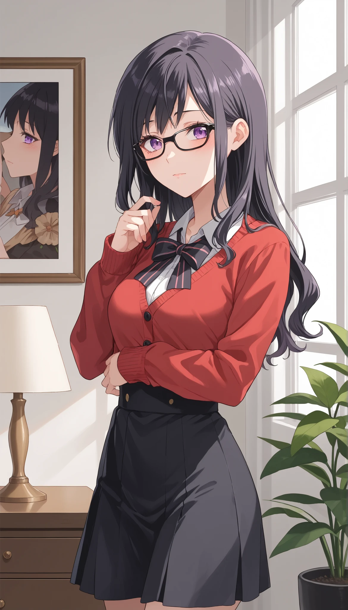 black hair,((long straight hair)),(Big Eyes),black glasses,black skirt,red cardigan with abalone,room,Ulchan-6500-v1.1, ( RAW photos :1.2), Beautiful Detailed, very detailedな目 美しい目,beautiful eyes,Light purple eyes,large file size, high resolution, very detailed, Top Quality, [masterpiece:1.6], Awareness-raising, very detailed, finely, Top Quality, 8K wallpaper, perfect body shape、very detailed