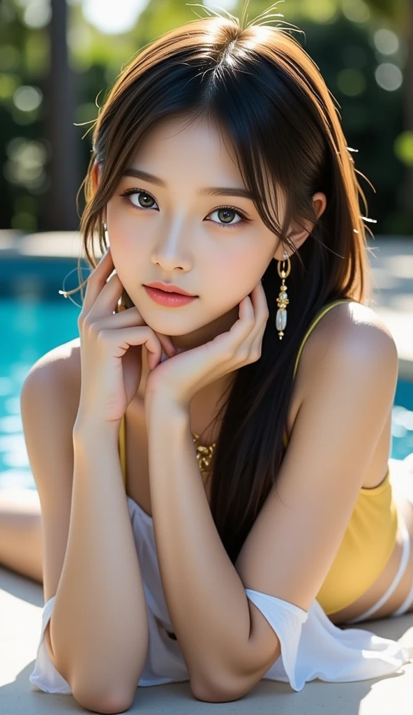 (Best-quality, Masterpiece, Ultra-High-Resolution, (Photorealistic:1.4), Raw Photo, depth of field, professional lighting), ((1girl, 15-years-old, having fun at pool)), ((wearing yellow bikini with cute-design, detailed yellow-bikini, detailed cute-design)), (((extremely cute face))), (((extremely cute and extremely big black-eyes))), ((((extremely realistic beautiful-skins)))), (detailed black-long-straight-hair), (detailed childish-body)