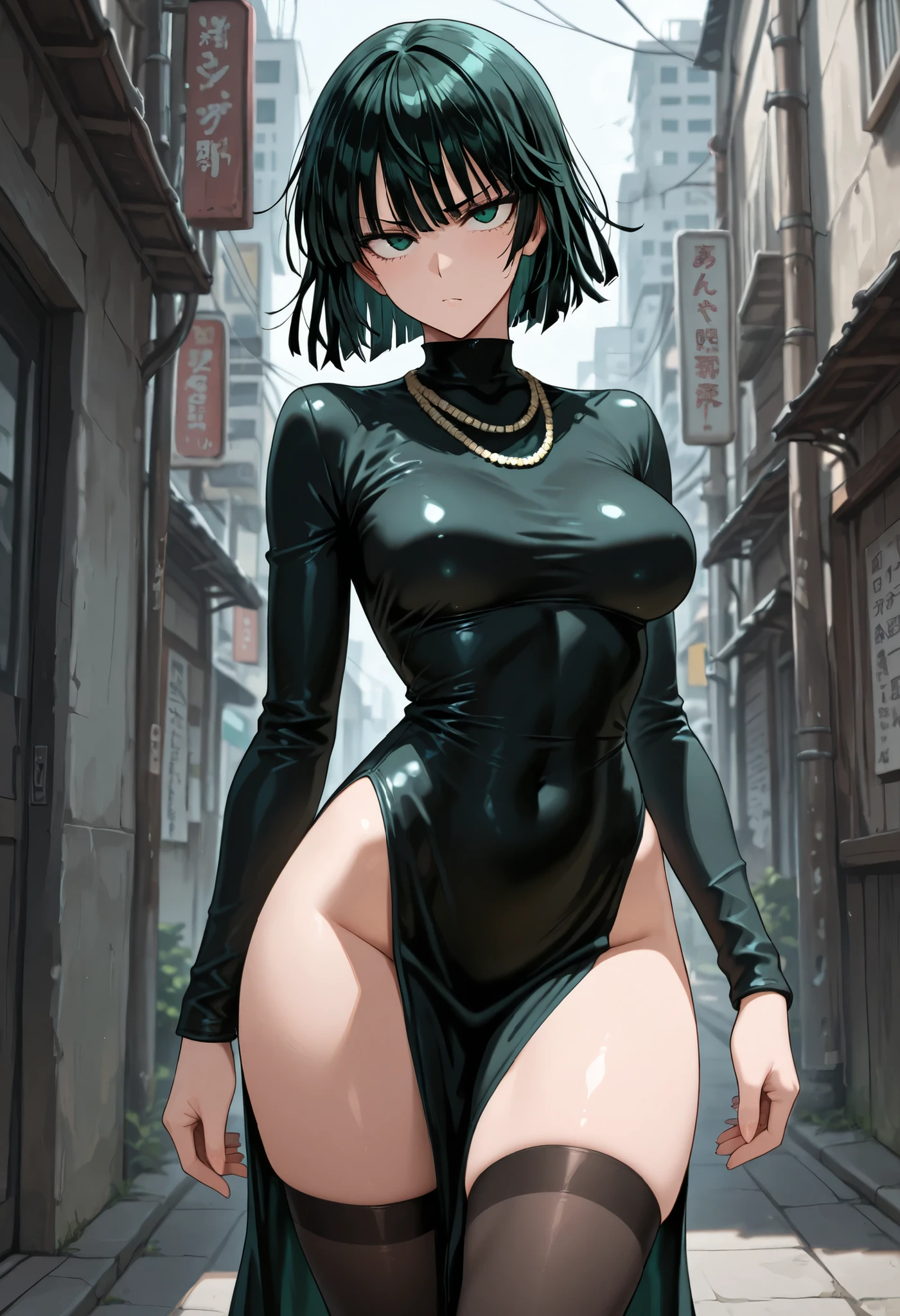 ((1girl)), ((alone)), Fubuki, ((Extremely detailed CG unity 4k wallpaper)), (Masterpiece), (ultra quality), (Ultra detailed), (best illustration), (best shadow ), (extremely detailed), looking at viewer, (absurdities), (detailed background), curvy body, dynamic pose, cowboy photo, large breasts, narrow waist, wide hips, medium thighs, butt round, black hair, (green eyes: 1.2), short short hair, big breasts, black dress, dress, white fur coat, high collar, jewelry, necklace, trimmed shoulders, tight clothing, tightly dressed , smile, open mouth, seductive, standing, cowboy photo, leaning forward, leaning, backlighting, ((solo)), ((Standing:1.4, outdoors, city, cityscape, streets, night, streetlights the City, arms behind the back)), looking back, from behind, ((focus on ass)), point of view: (from below), perfect anatomy, perfect hands