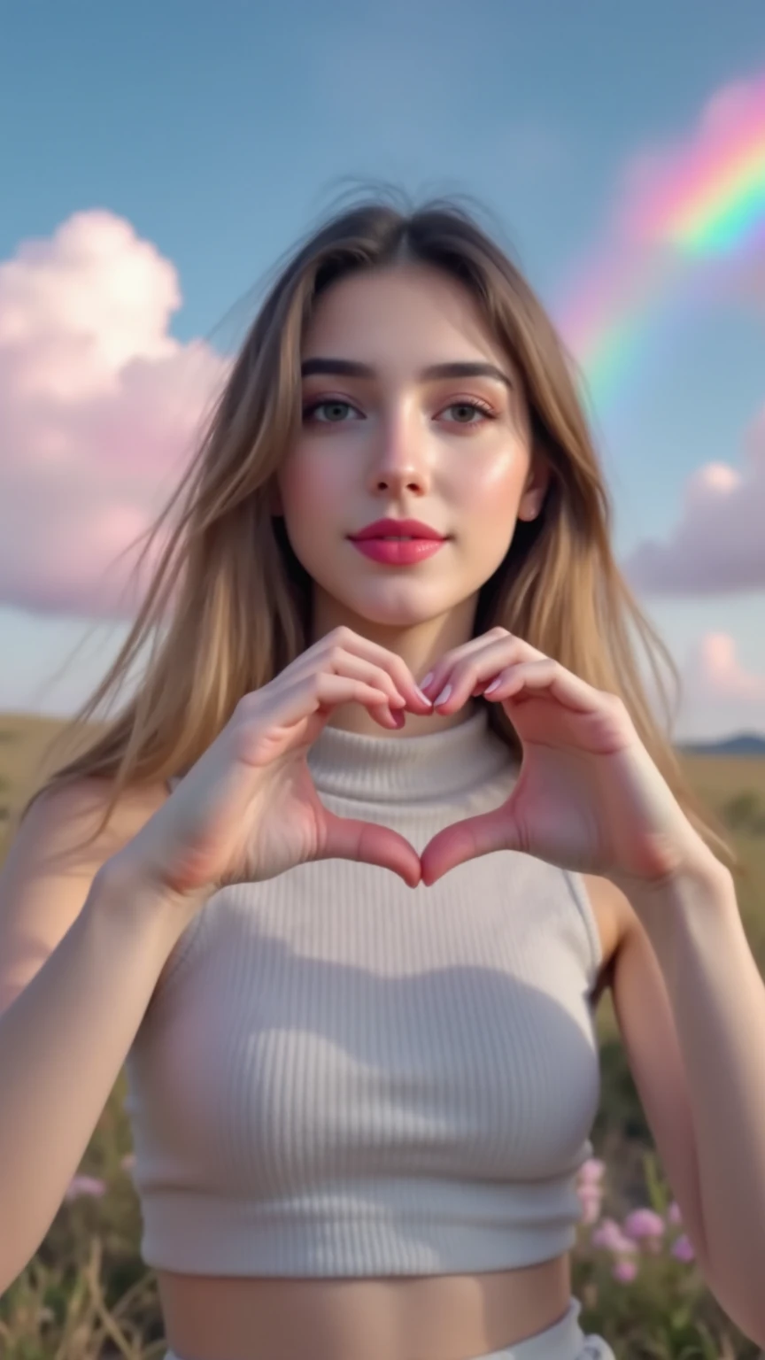 female의 hand 위로 무지개색 안개가 Heart-shaped 을 만드는  Beautiful clouds  위,female,bust,hand,Rainbow fog,Heart-shaped , Beautiful clouds ,4K,super high resolution,Realistic,professional-grade,HDR,extreme detail,Vivid Colors,Bokeh