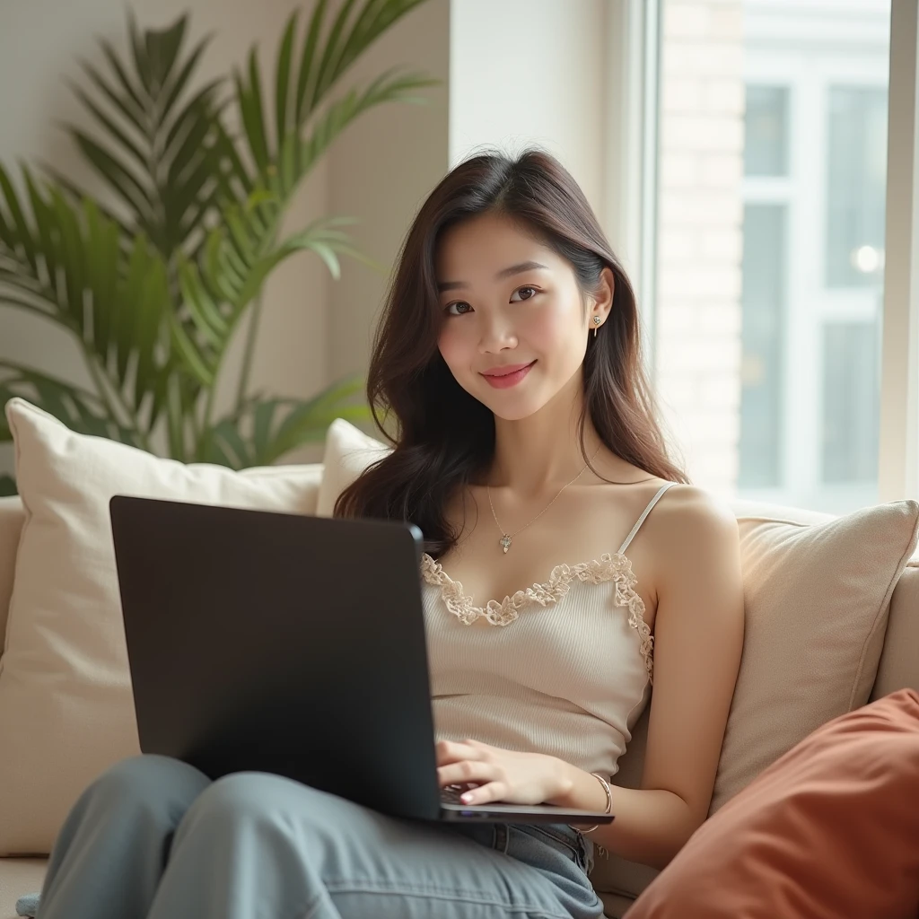 masterpiece, realistic, photorealistic, best quality, beautiful detailed, natural lighting, sharp focus, slim body, abs:1.2, small breasts, best quality real texture skin, Detailed beautiful delicate face and eyes, A beautiful 20-year-old Japanese woman with a short haircut, wearing a white tank top and white jogger pants, is sitting on a dining table chair in a modern living room. She has double eyelids and is smiling while looking directly at the camera. (((She is using a computer to browse the internet))). The composition captures her full body.
