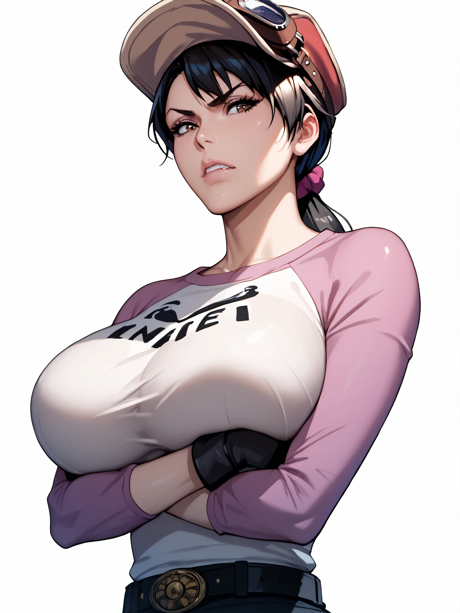 high-resolution , Masterpiece, precise, Best Quality, high-resolution , white background,1 girl, solo, mature, IkumiUnagiya, black hair, brown eyes, biting_own_lip ,ponytail tshirt, gloves, hat, goggles, black gloves, belt, black pants, raglan sleeves,standing , huge breast ,arms under breasts, dynamic pose, pout, :t, closed mouth , from below, Dutch Angle,
