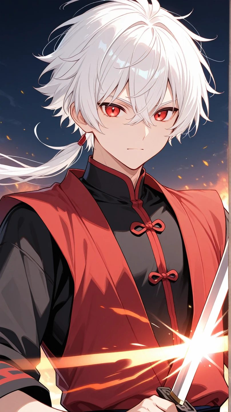 man, human, adventurer, chinese costume, kung fu, elegant, flat chest, white hair, bustshot
