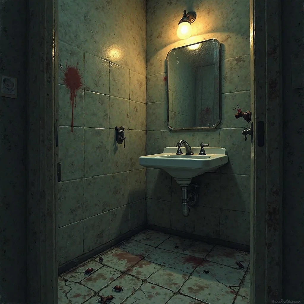 There is a ruined bathroom with a glass shower and a broken sink, dilapidated apartment, broken and dirty decoration, futuristic, dust, spider web, blood splatterer on the walls, retro apartment, hyperrealistic design