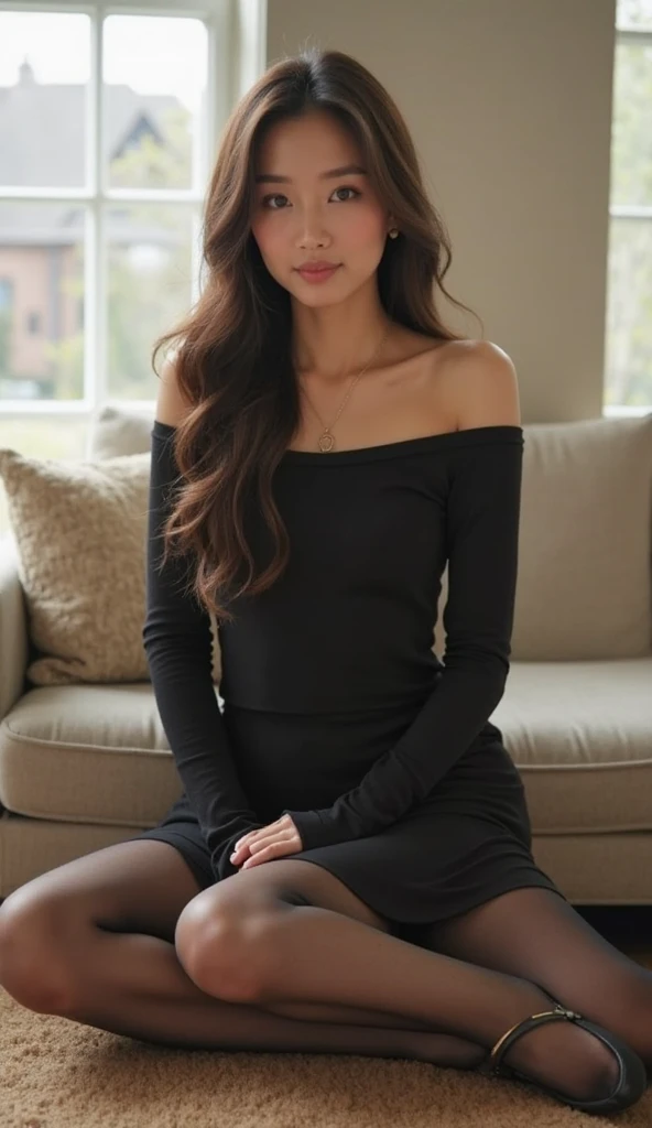 Big tits, beautiful woman, black clothes, cleavage, long hair, Japanese, home room