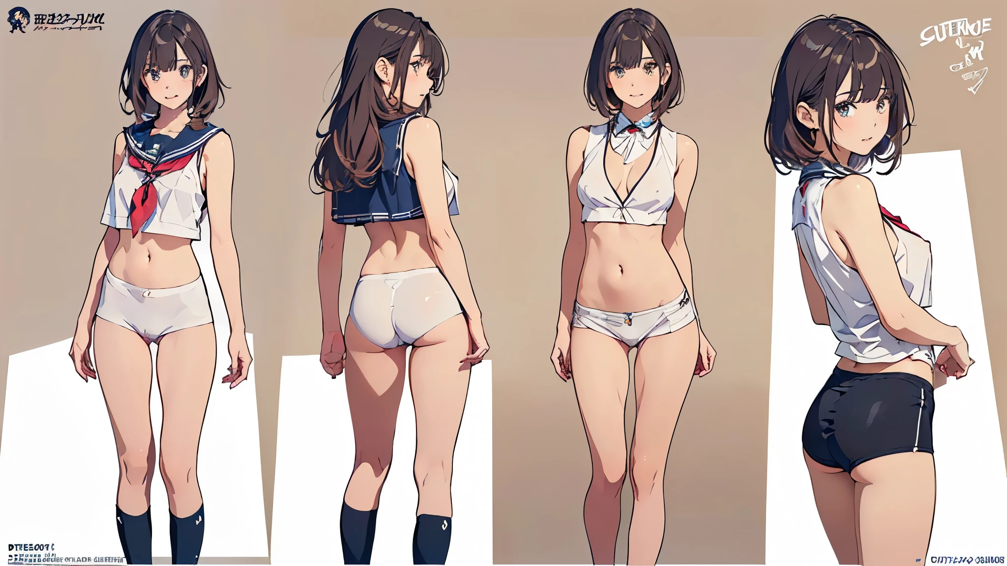 topless、Nipples are visible、Completely naked、Slim body、Narrow waist、No background、Drawing nipples、Character Sheet、Character Design、Standing Upright、Front view、Side view、From the back、Thin legs、Long legs、Face zoom scene、Face up design、ponytail