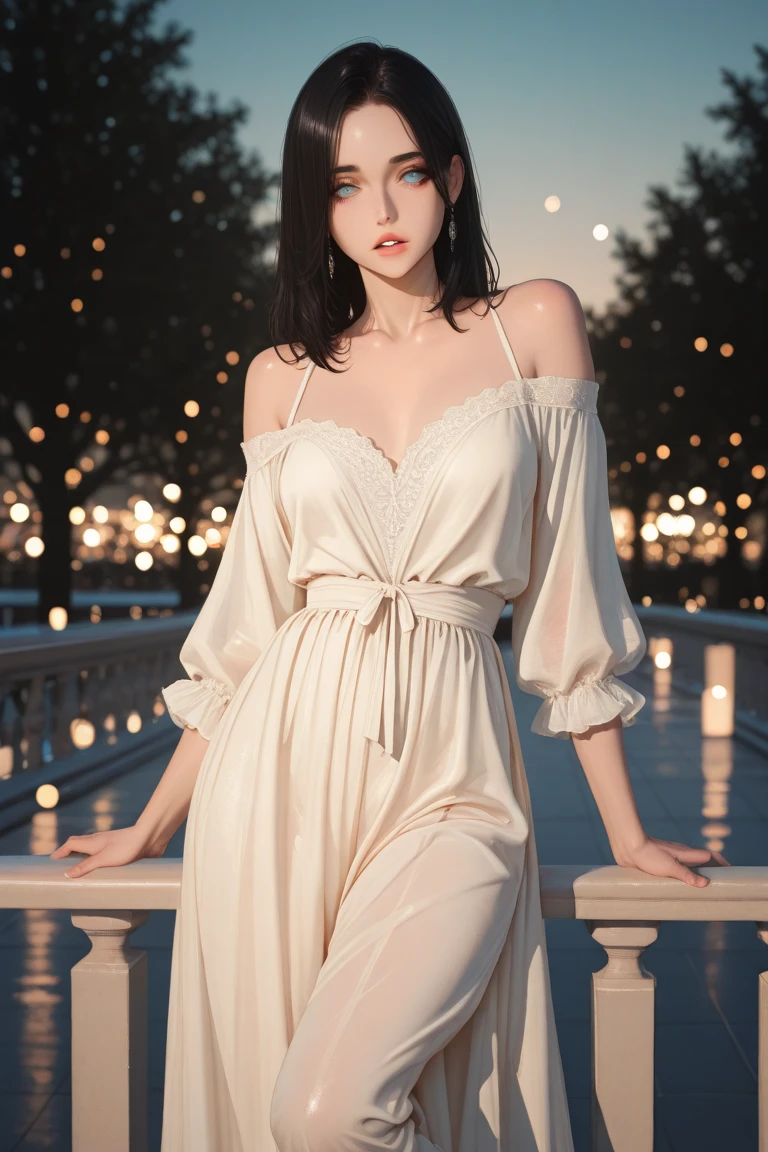 sh33rfl0r4l, long sleeves, black dress, off shoulder, bare shoulders, long dress, see-through, tulle dress, laser,leishe,(masterpiece, best quality:1.2), 1 girl, alone, ((off-the-shoulder clothes)), ((night)), lantern, candlelight, In the depths of Wonderland,The moonlight falls like water,foggy room,The figure of the heroine is vaguely visible,Just like the fairy in the painting,Slender sexy legs,very nice legs,Show sexy legs,big breasts,Beautiful with a hint of mystery。Her face is beautiful and delicate,Like finely carved jade,Showing otherworldly beauty。The eyebrows are picturesque,The waves in my eyes are like twinkling stars,Show the light of perseverance and wisdom。The bridge of the nose is straight,Lip color like cherry,The slightly raised corners of the mouth reveal confidence and calmness。Her face is well defined,The skin is as fair as jade,Reveals a healthy glow,Just like fairies, She never eats fireworks in this world。Her makeup is light and delicate,Not too much embellishment,But enough to show her temperament and charm。Light-colored foundation brings out the transparency of the skin,A light eyebrow pencil outlines her perfect eyebrow shape,Eye makeup is eye shadow and eyeliner,Make her eyes brighter and more energetic。Lips painted with grace lipstick,Adds a bit of charm and sophistication。Her clothes are graceful and chic,Clothes fluttering,It seems like it will be blown up by the wind at any time,drifting into the distance。Without losing grace,Also showed off her extraordinary skills。Rocking with her movements。Her hair is tied back casually,Secure it with a hosta,A few strands of hair flutter gently in the wind,Adds a bit of softness。Her figure is looming in the fairyland,Like a big breastsbeautiful landscape,Attracted everyone's concern。She seems to be a fairy in wonderland,big breastsbeautiful、grace、mystery、and full of power。