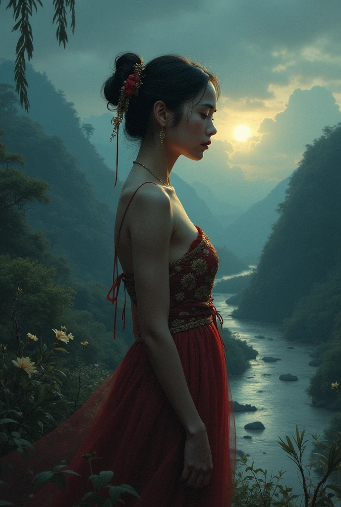 ancient china, watercolor, a young handsome man god taking shower in a poor, red flowers, back view, wonderland, long hair, pheonix tattoo --auto