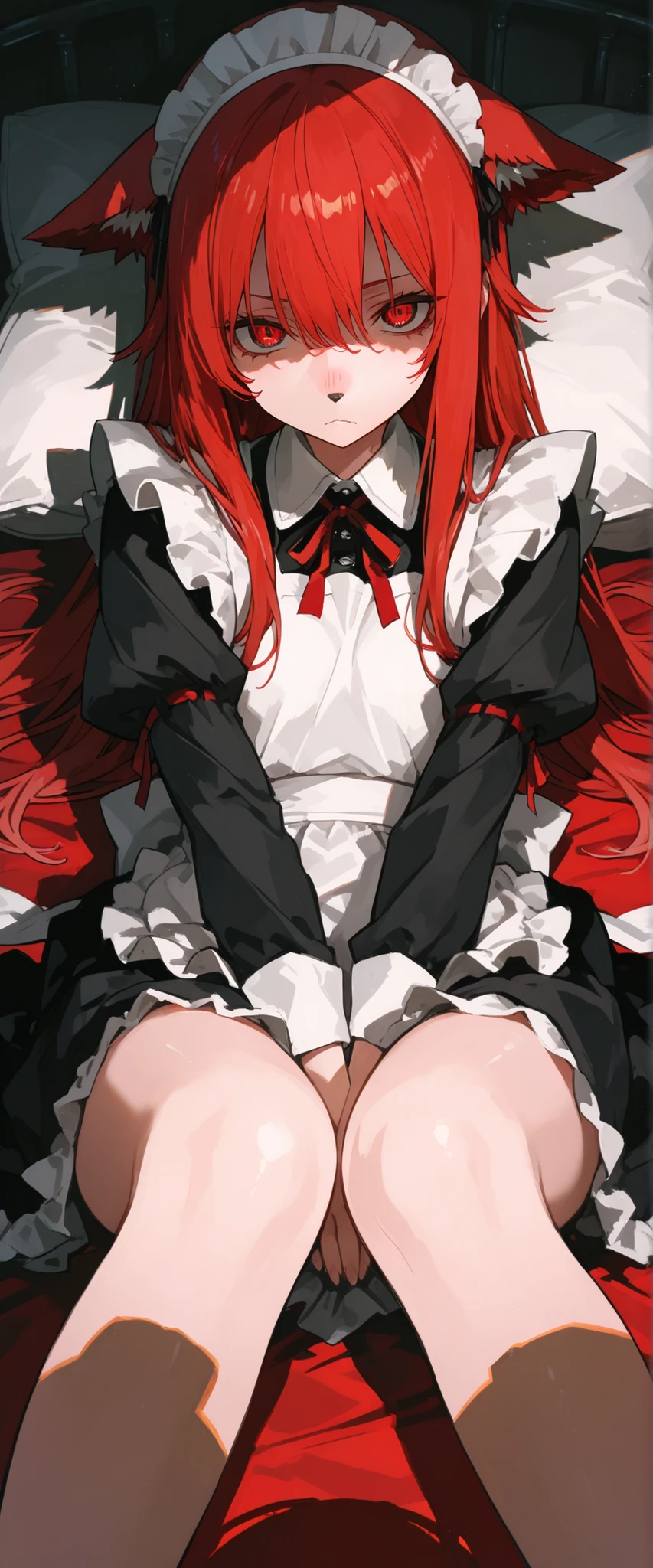 ((masutepiece+Best Quality+High resolution+Illustration 1.3+Ultra-8k)), 1girl in, ((Detailed body)) ((alluring face)) ((long snout)) ((Long facial structure)) (Sharp eyes) ((Red Eyes)) ,Soft skin, Indoor, laying on the bed, Looking at Viewer, maid girl, Detailed body, long red hair, Detailed eyes, ((detailed shadow)), Lighting, Detailed, Focus, Hand Detail Night Light,Beautiful and perfect legs, Clean and perfect hands (hands between legs), maid uniform