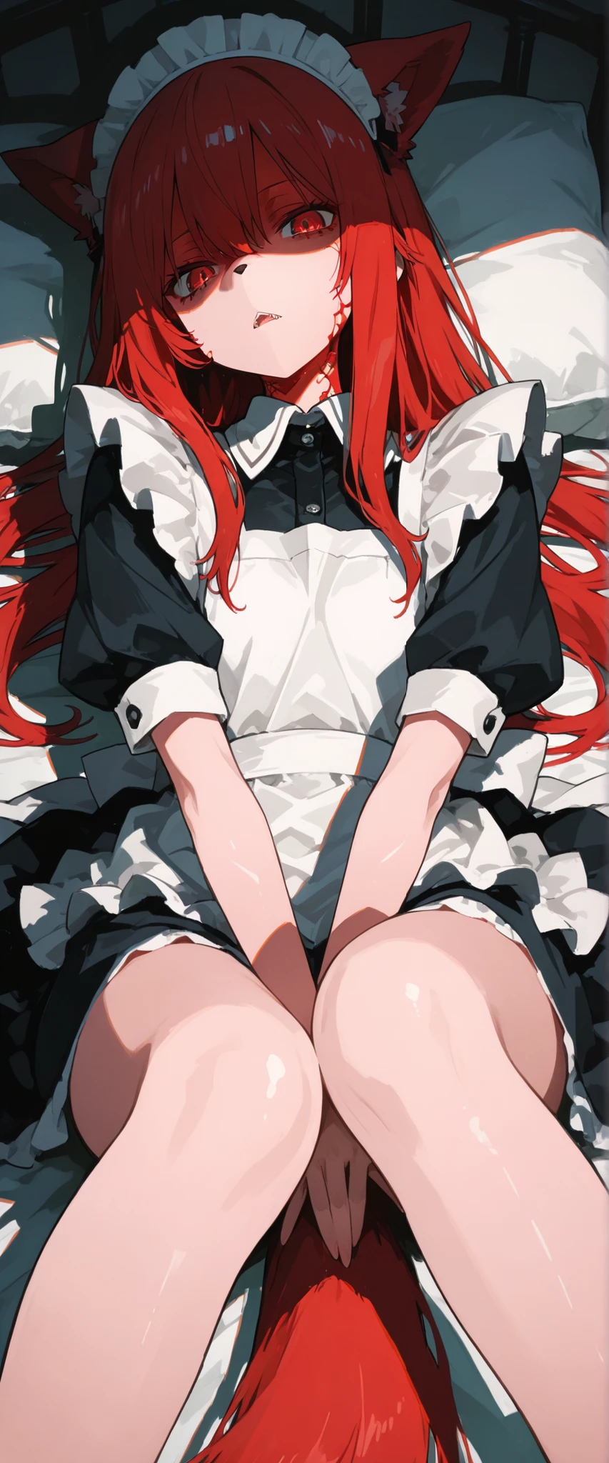((masutepiece+Best Quality+High resolution+Illustration 1.3+Ultra-8k)), 1girl in, ((Detailed body)) ((alluring face)) ((long snout)) ((Long facial structure)) (Sharp eyes) ((Red Eyes)) ,Soft skin, Indoor, laying on the bed, Looking at Viewer, maid girl, Detailed body, long red hair, Detailed eyes, ((detailed shadow)), Lighting, Detailed, Focus, Hand Detail Night Light,Beautiful and perfect legs, Clean and perfect hands (hands between legs), maid uniform
