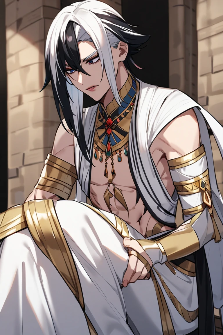 Cartoon character sitting on the bed，Holding a notebook, the Egyptian god, Egyptian god, guys, Photos of the Ghost of Anubis, Egyptian God, Pharaoh, Egyptian, Pharaoh clothes, wind Egyptian god, On pixiv, Detailed digital anime art, gilgamesh, Handsome guy in the art of slaying demons, Detailed key animation art