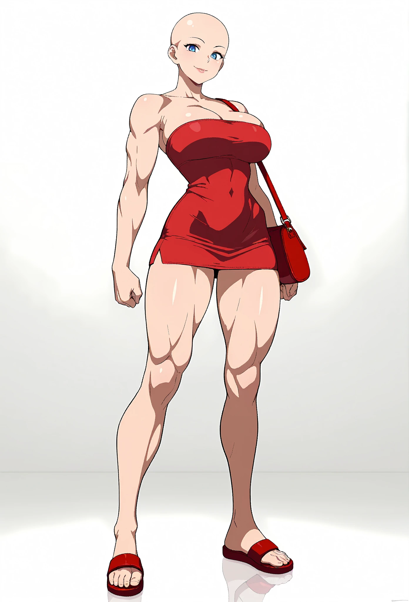 1sologirlRogue looking to viewer, standing on 1leg wearing red bikini outfit, full body toe to head, barefeet, tiara, muscle tone body abs, navel, ARMS UP showing shaved armpits, short hair (hands behind head)