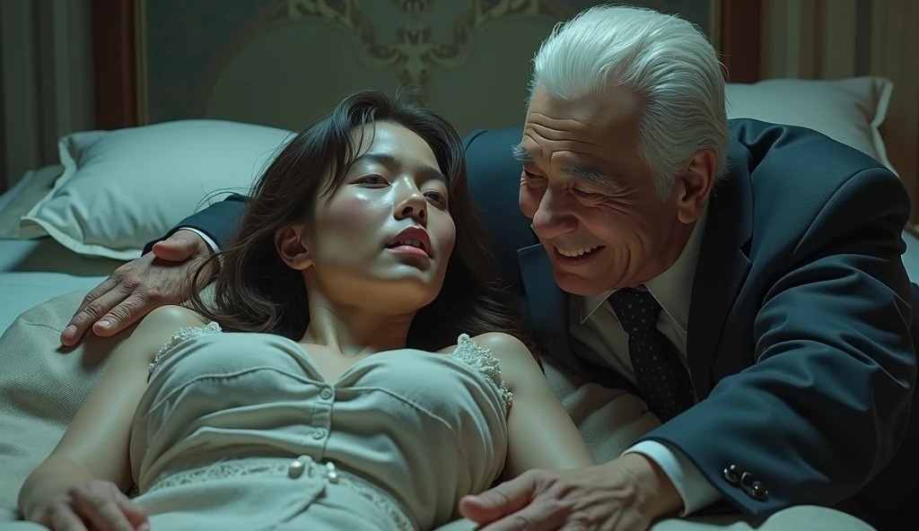 (((photorealistic:1.4))), ultra realistic, pores, (((masterpiece))),high quality, ultra details, realistic white skin beautiful face pretty korean idol adult woman showing very long sharp claws black fingernails, long yellow hair, long earrings, finger rings, model, very pretty face, vein on hands, sitting on old man head with deep cuts on throat and ripped, wound, blood splatter, extreme gore, bed, modern luxury hotel room, looking at camera,