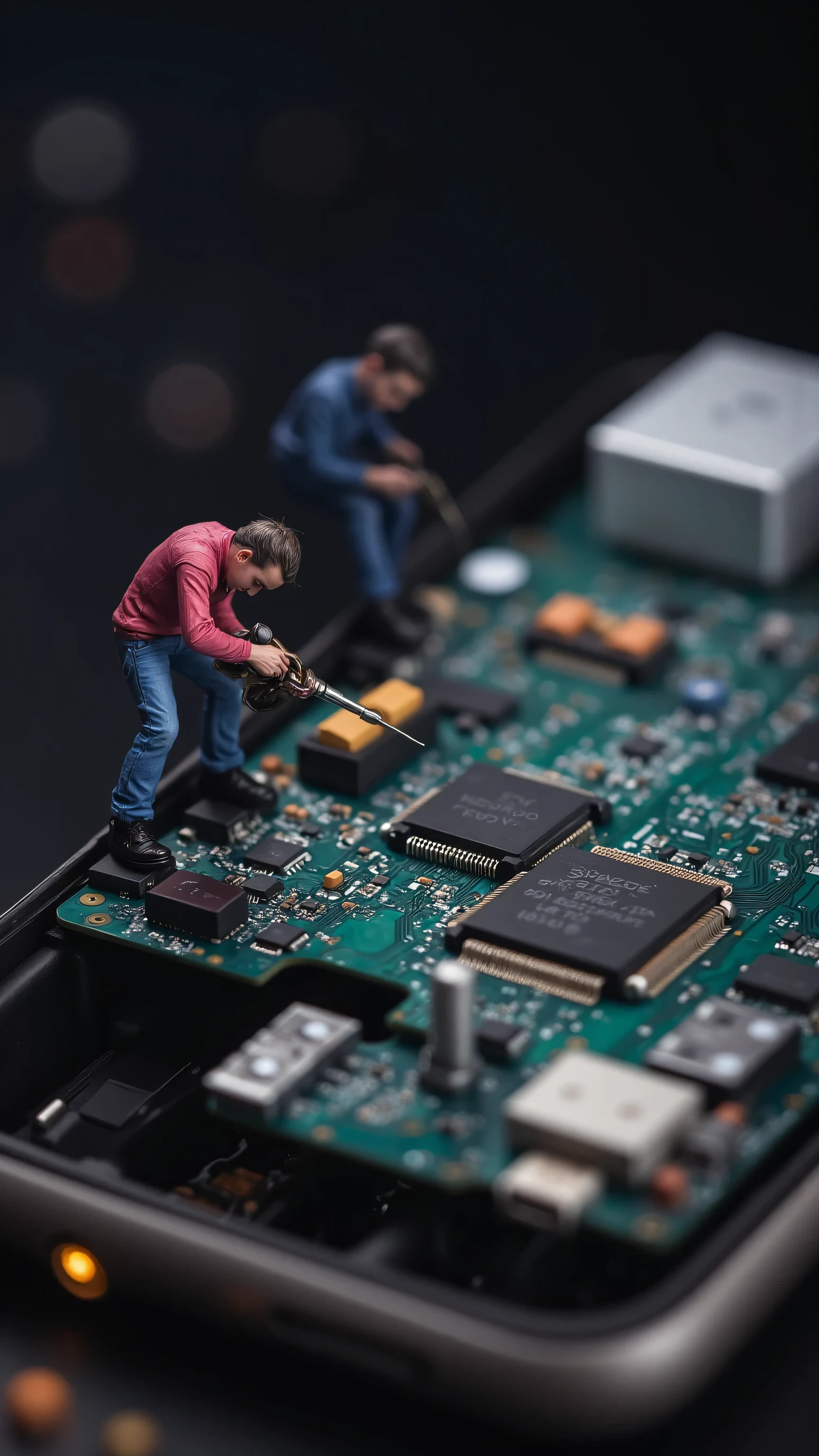Miniature Landscape,Macro Photography,There are many maintenance people standing on each component,, and the complicated electronic components inside the phone are displayed in front of you。, these components are of different sizes、Various shapes,Closely arranged。There are many maintenance villains standing inside the phone,They are small yet agile,like technical elites in the microscopic world。The villain holds a miniature tool to carefully check the line connections,Some focus on soldering loose solders,The picture shows a digital phone with the back cover open。
