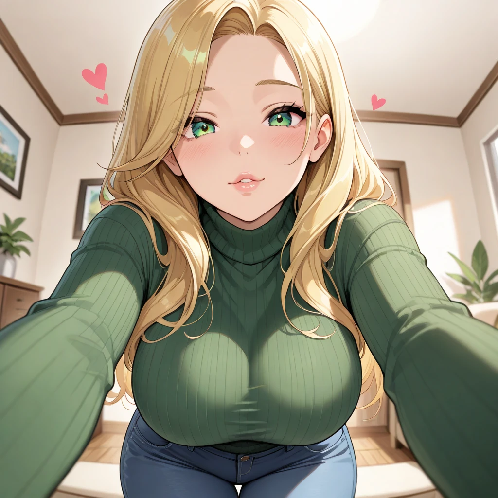 raw, analog style, a sincere, beautiful woman, (smiling), blue eyes, long blonde hair, with a tight sexy green dress that is quite short and revealing, in the living room of a house, sitting on a sofa with legs crossed, with a cell phone in his hand talking to his lover, big breasts, cuckold, Soft lighting, evening, cozy (seductive look)