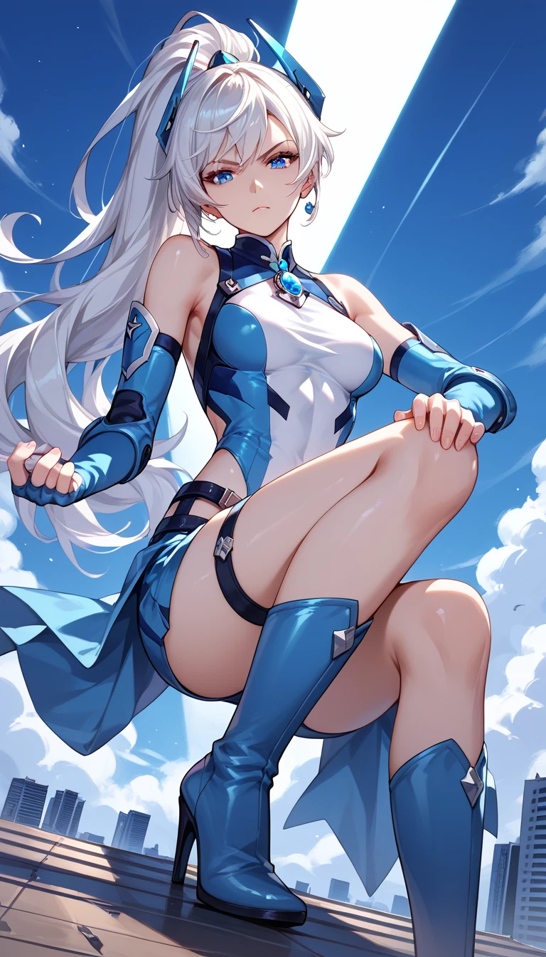 Realistic,highest quality, Ultra Detail, High-quality CG rendering, The most delicate and beautiful, Floating softly, High resolution, (1 girl), (Highest quality,4K,8K,masterpiece:1.2) ,Light purple hair,Rabbit,Bunny ears,ponytail,Red eyes,(Ultra Girl:1.0),(Bright blue Ultraman bodysuit:1.4),(Blue gloves:1.3),(Blue shoes:1.3), (Turn your back to your audience:1.3),Ass,(背中にウサギのAss尾:1.5)