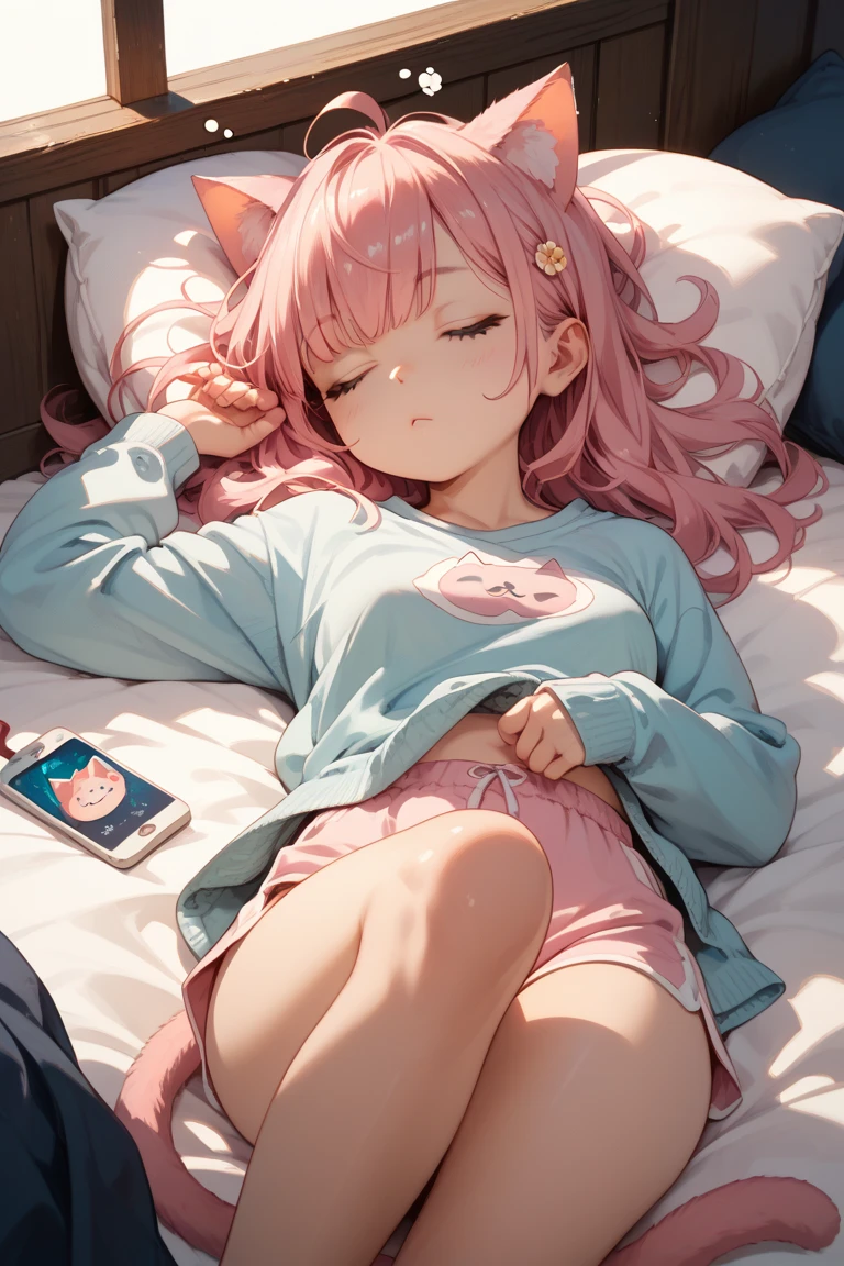 long pink shirt with a kitten drawn on it, no pants with panties showing, long pink hair,short girl, little tits, lying on a sofa, holding the cell phone