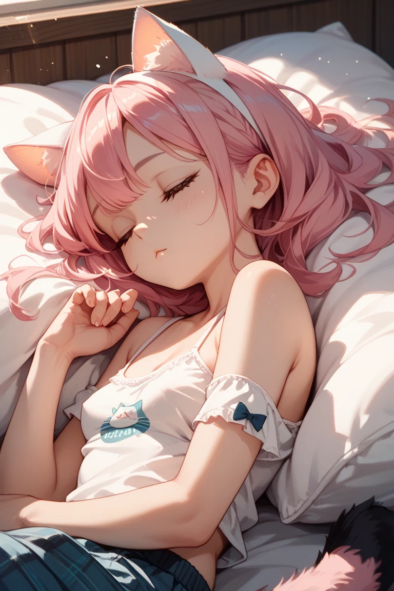 pink hair, cat ears, sleeping, waking up, small breasts