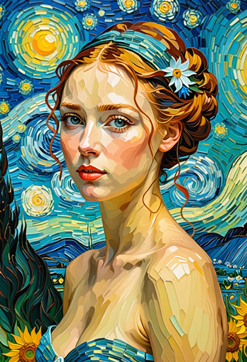 Rough and crude oil painting Van Gogh Thick brush texture on wood bright colors orange and blue, confident and bold beautiful woman in bathing suit, delicate body contour