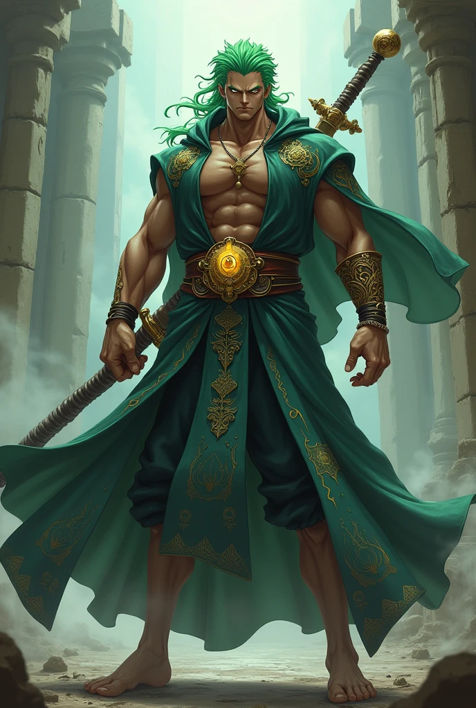 a small warrior in green clothing with yellow chains holding a triangular shaped fire sword on white background