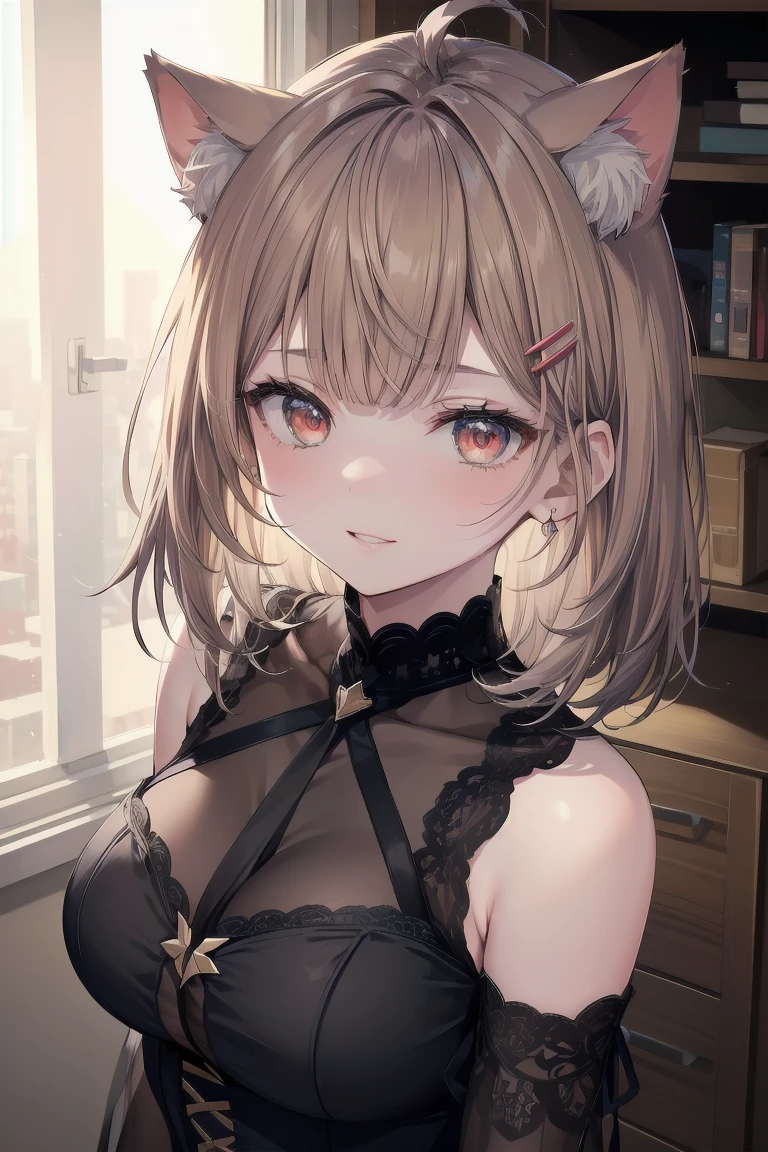 (((masterpiece: 1.5, best quality, high resolution: 1.3, super resolution, super detailed, ultra detailed:1.3, rich background:1.2))), shiina mahiru, yellow eyes, floating hair, very long hair, blunt bangs, cute hairpin, chocker, lingerie, bra, navel, panties, looking at viewer, light particles, collarbone, strap slip, closed mouth, indoors, jewelry, sleeveless, bedroom, sitting on bed, claw pose, paw pose, head tilt, cat ears headband, cleavage, medium breast