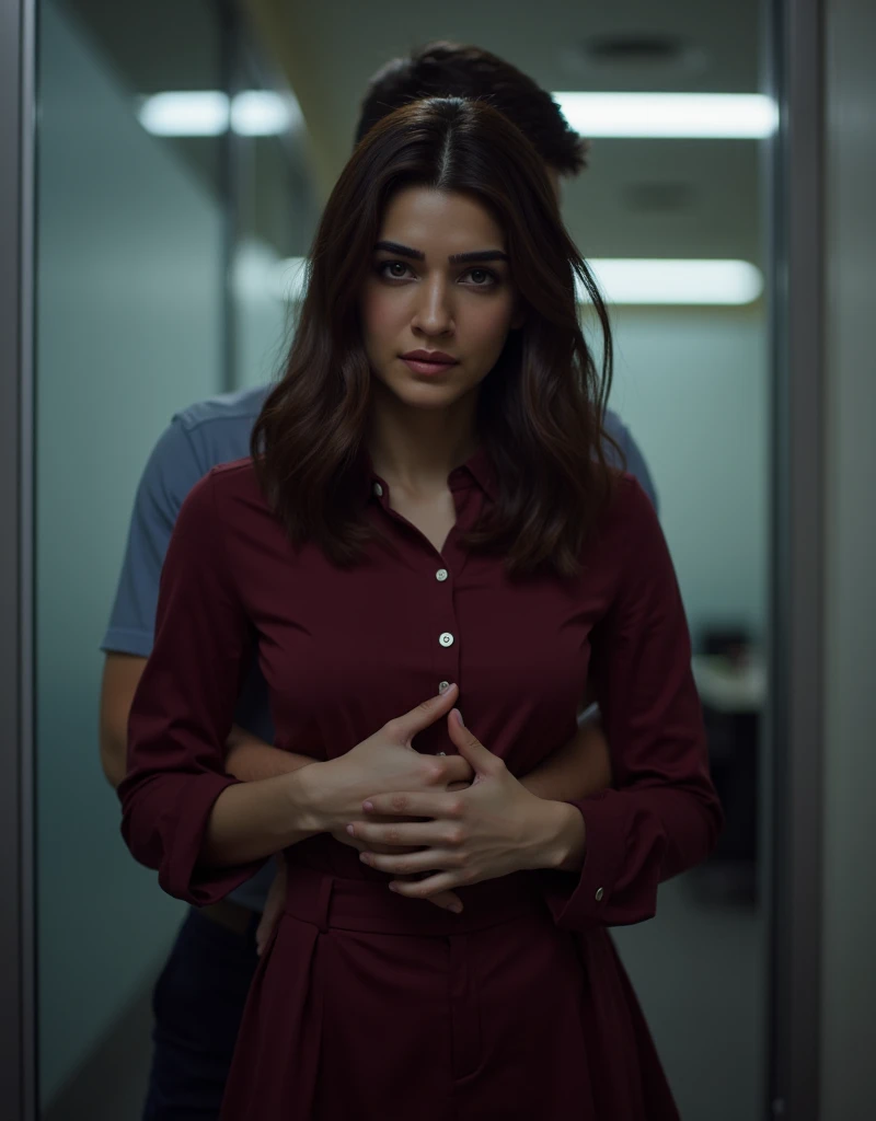 ((woman's face is same as character reference)) ((woman face = character reference)), ultra real, 4k, realistic image, boy and girl having secret affair in office. they are in the office cabin, she wearing buttoned dark red shirt and a skirt, boy is wearing a shirt and pant, boy is hugging her from behind, his face is not seen, she is facing camera, there is no one in office, her hand is on her shirt buttons
