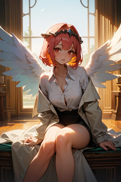 orange hair, orange eyes,girl,Pigtails with the ends tied up,laugh,No panties,light and cute,halterneck,White dress,pink cardigan,Nissocks,Fallen Angel Wings,angel ring,leaking semen,spread your legs,drooling,loose eyes