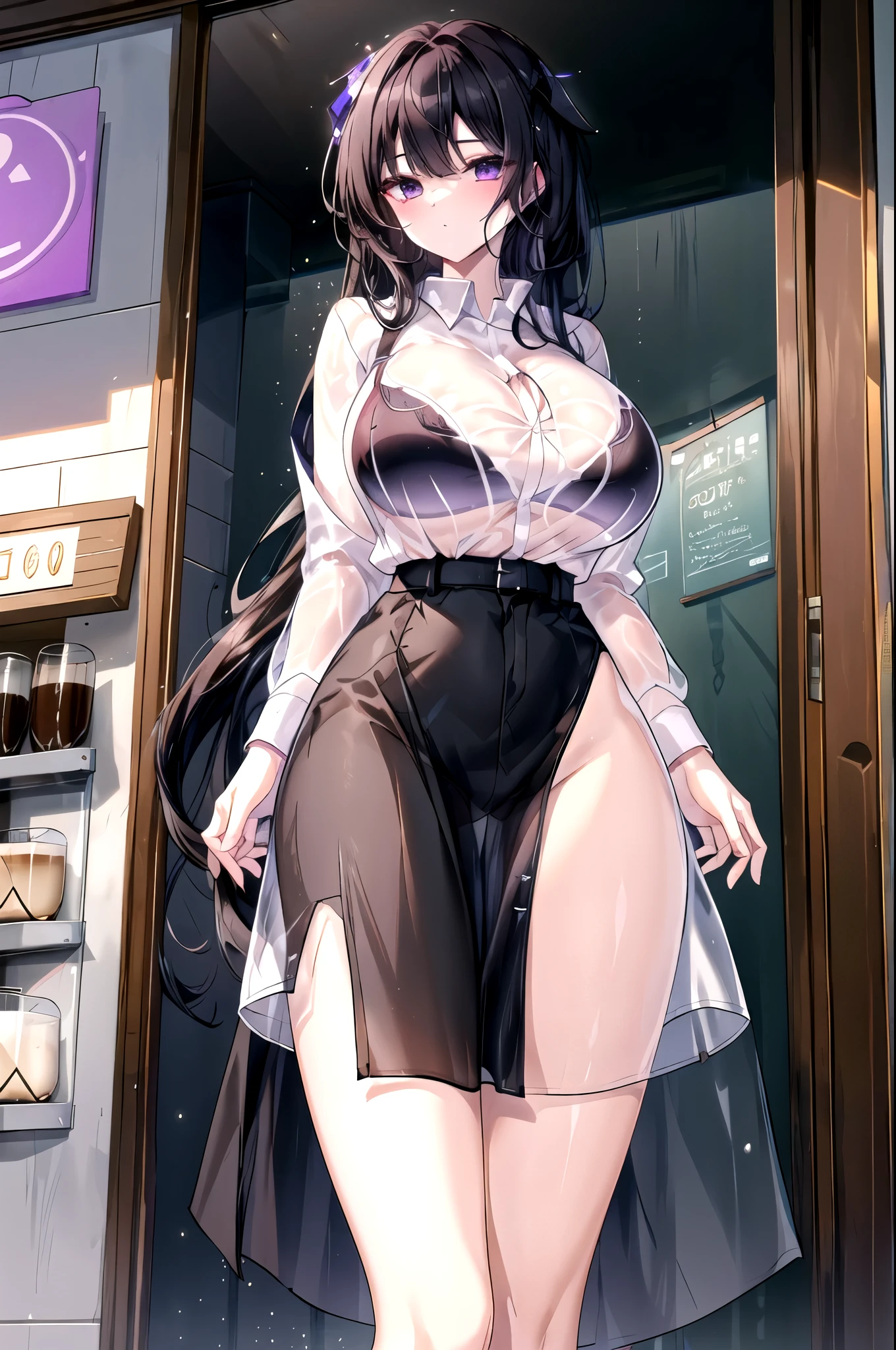 1 person,Black purple hair、(pale skin:1.12)、long hair ,fascinating,(huge sagging breasts:1.15) ,(white transparent shirt:1.2)(I see a black bra)、black thrill skirt、thin waist, hypo、v-sign、coffee shop.(cowboy shot:1.3),