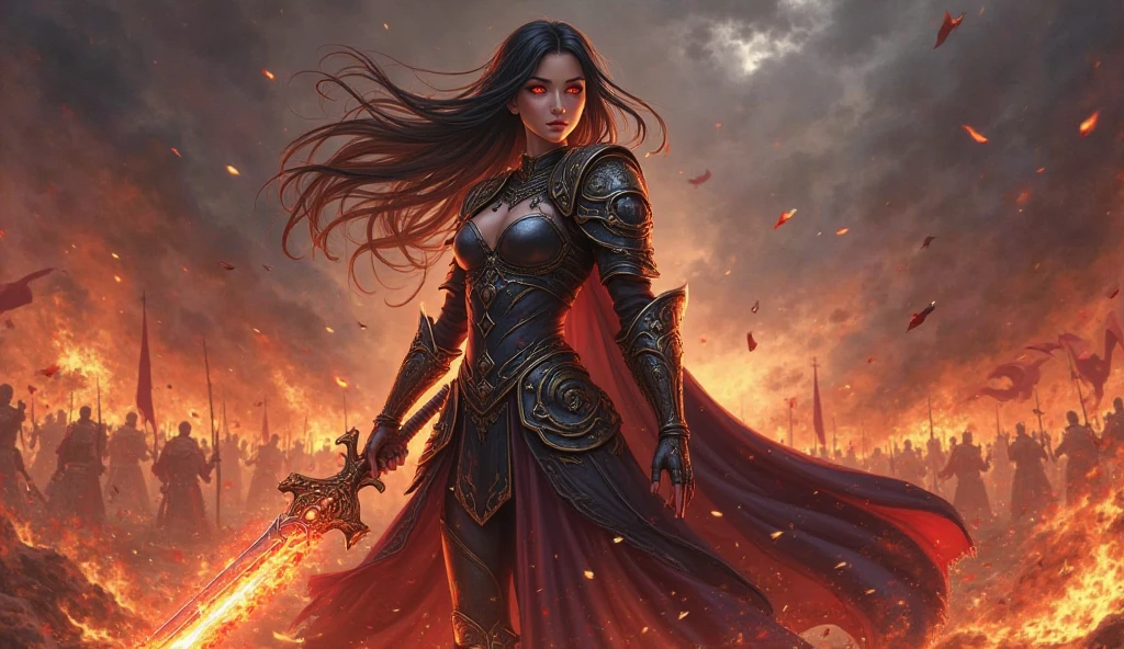 action shot, gorgeous female paladin fighting by the castle gates, detailed intricate armor, elegant braided hair, angry, tense atmoshpere, dragon in the sky far in the background, mantra rendering by Raymond Swanland, cinematic, cinematic lighting, masterpiece