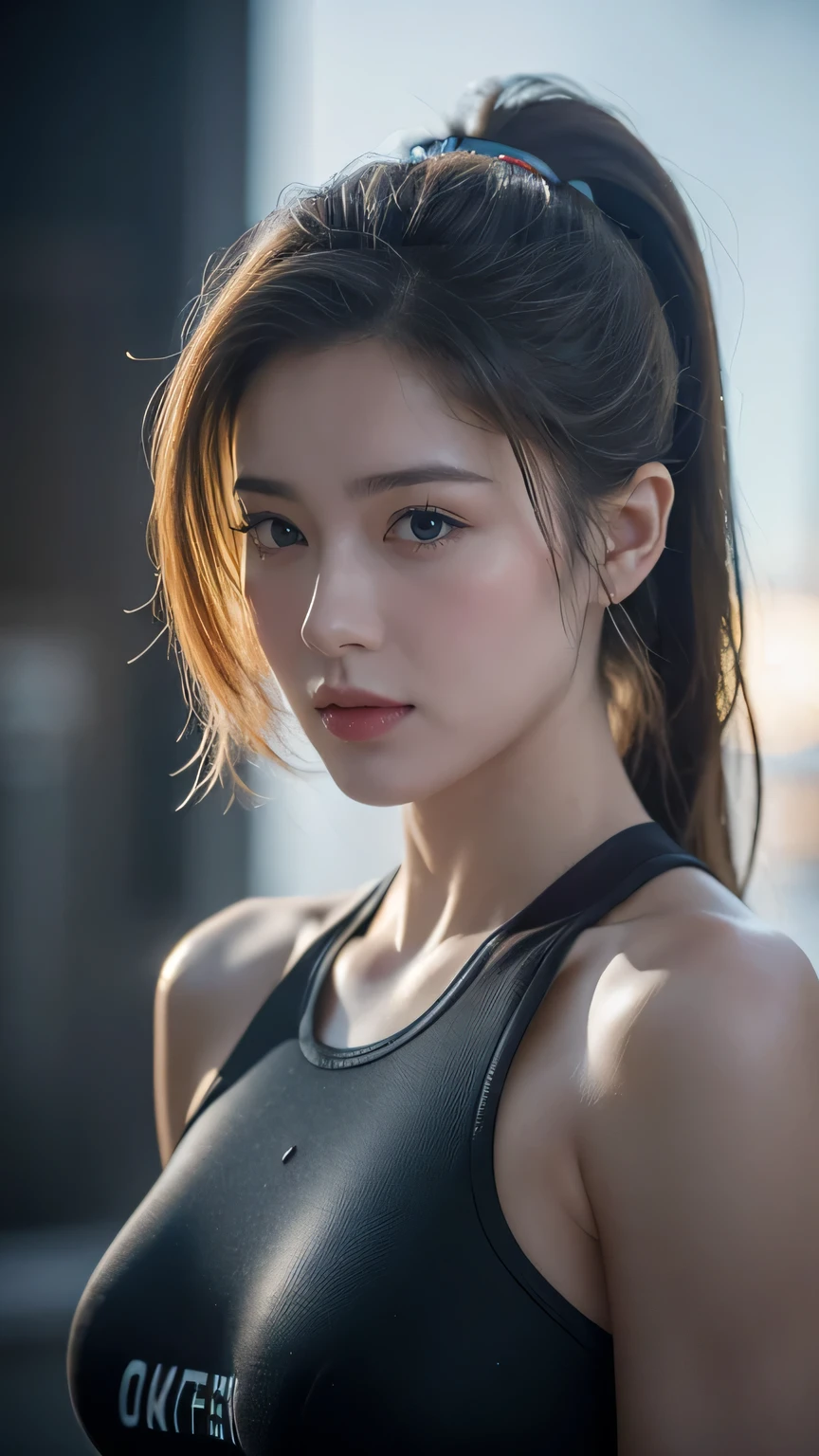 Ultra-detailed 8K masterpiece, cinematic photorealistic portrait of an athletic young woman, early 20s, with porcelain complexion, Her blonde hair styled in a tactical ponytail strands catching rim lighting. with stormy blue eyes . Dynamic three-quarter view composition. Wearing crop top, carbon fiber tactical gloves with articulated joints, and advanced military-grade comms headset with blue LED indicators. Wielding compact bullpup rifle . Scene set in decaying brutalist concrete facility with eroded military insignias, exposed rebar, and weathered warning signs. Dramatic cinematic lighting with cool key light from above, warm rim lighting, and atmospheric haze. Professional shallow depth of field at f/1.4 creates creamy background bokeh. Subtle film grain overlay, anamorphic lens flares, and volumetric god rays pierce through dusty atmosphere. Center-weighted vignette and split-complementary color grading emphasize subject. Photographic qualities include high dynamic range, chromatic aberration, and micro-contrast detail