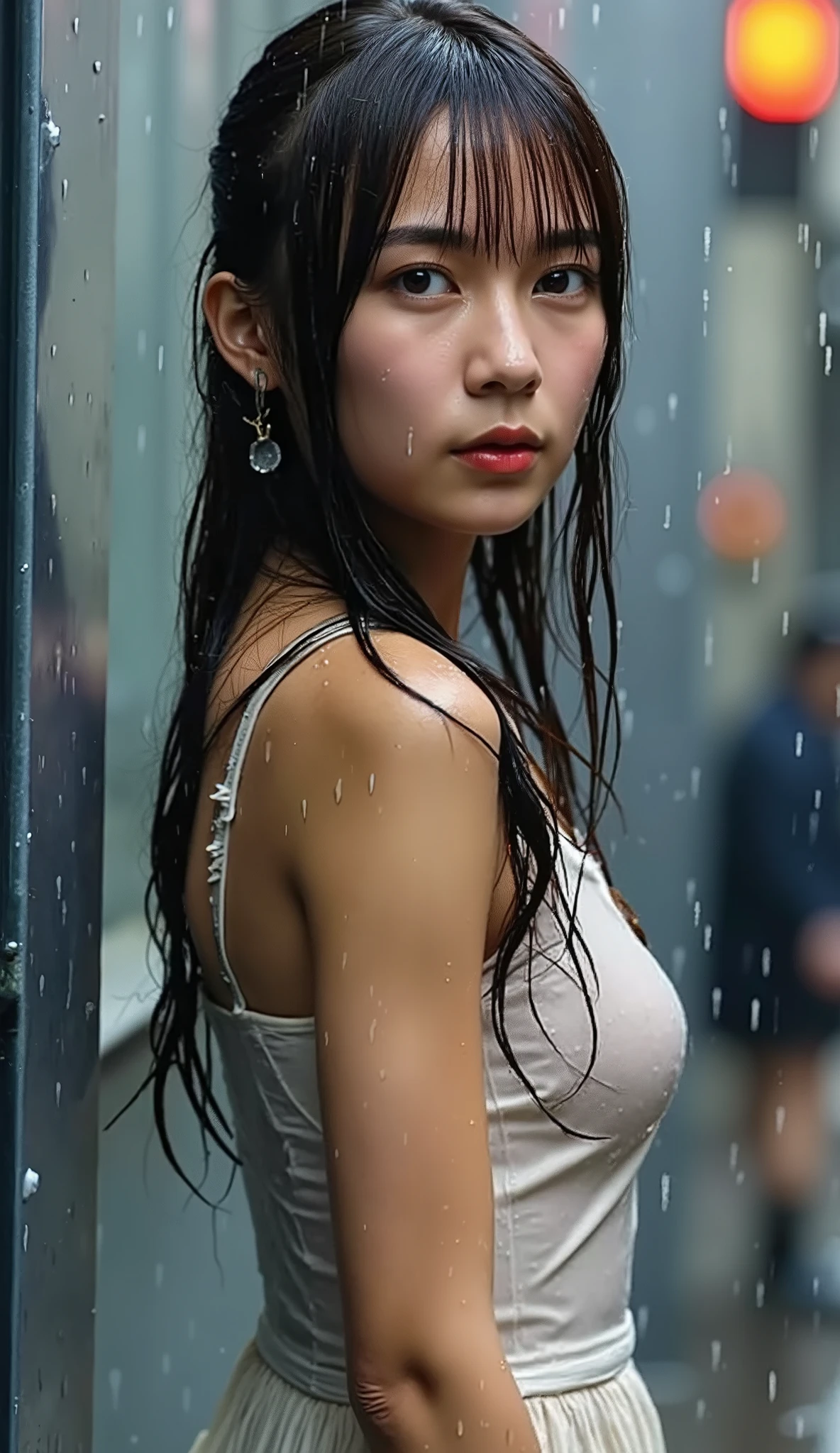 High resolution photograph of a young Japanese woman, masterpiece, amazing quality, intricate details, professional lighting, solo, 1girl, full body, (small head, small face:1.3), (slender, slim and thin body, narrow waist, long legs:1.2), standing tall with spread legs, seductive posing for gravure photography, (water droplets create a wet water effect, wet all over), (thin-strap top, covered nipples), pleated mini-skirt, open-toe-sandals, straight long black hair with bangs, disheveled wet hair, detailed face, detailed eyes, sophisticated nose, sensual face, looking at the viewer with seductive eyes and lips, (view from front), outdoors, heavy rain, lit by lumps at dusk,