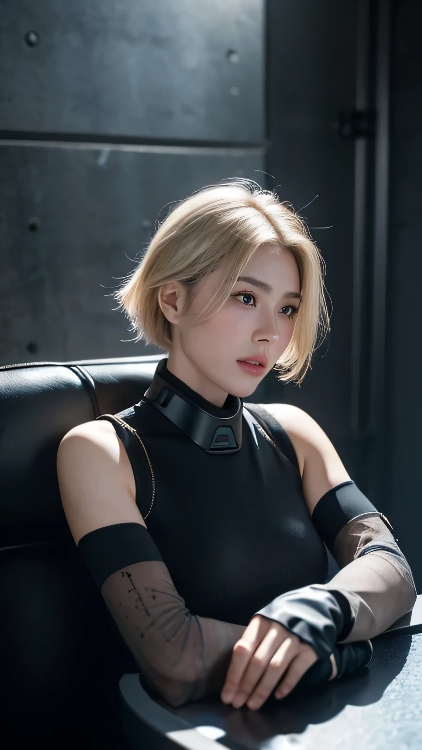 ((masterpiece, best quality)), ultra detailed, photorealistic, 8k uhd, subsurface scattering, volumetric lighting, portrait shot, dramatic cinematic lighting with rim light, porcelain skin, ((young caucasian woman, 20 years old, baby-faced features, determined expression)), athletic build, combat ready stance, direct eye contact with intensity, short windswept platinum blonde hair, highly detailed facial features with subtle freckles, fitted tactical high-tech bodysuit with carbon fiber panels, advanced military plate carrier with modular attachments, kevlar-reinforced gloves, illuminated tactical communication headset, urban warfare loadout in midnight blue and matte black, holding modernized assault rifle at ready position, fingers wrapped around grip with proper trigger discipline, industrial concrete background with faded military insignias and weathered textures, depth of field, RAW photo, soft volumetric fog, professional color grading