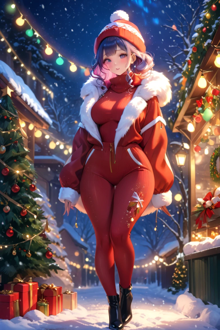 comlynx, 1girl, breasts, hat, choker, animal_ears, purple_eyes, full body, big tits, big butt, voluptuous, open legs, sexy pose, cleavage, Christmas hat, Christmas Clothes, snow, christmas lingerie, christmas coat, christmas stockings, christmas heels