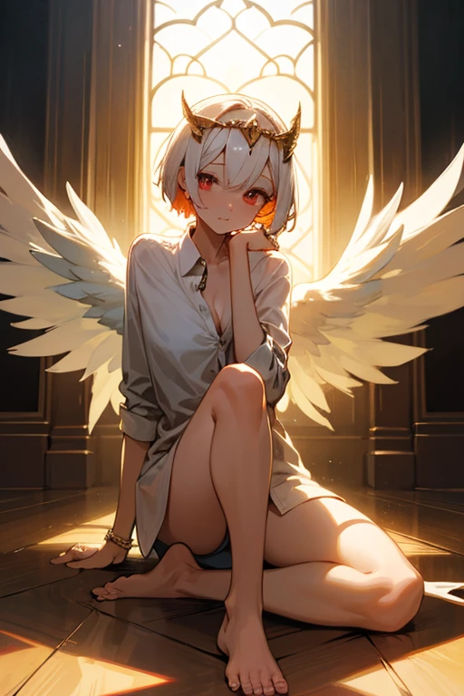 (((1girl))), ((best quality)), ((masterpiece)), ((ultra-detailed)), (illustration), (detailed light), (an extremely delicate and beautiful), (beautiful detailed eyes), (sunlight), ((extremely light)),
((((elegant and adorable angelic wedding dress)))),
school girl,
wavy short manish bob, (((yellow gold hair))), (((short hair))),
(((deep red eyes))),
(((angelic clothes))), (((((angel wings))))), (((angel halo))),
((whole body)), aged 14 to 17,
diamond, beautiful, ((extra elegant)), (((condescending expression))), (sexually mischievous smile), (((extra adorable))), (((extra slender shape))),
(((((sitting on her knees on the magic circle))))),
((((exposed white and pearl whity gold panties)))), (((extraordinarily thin thighs)))